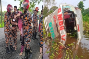 সুনামগঞ্জে লাশবাহী অ্যাম্বুলেন্স খাদে পড়ে নারী-শিশুসহ আহত ১৩
